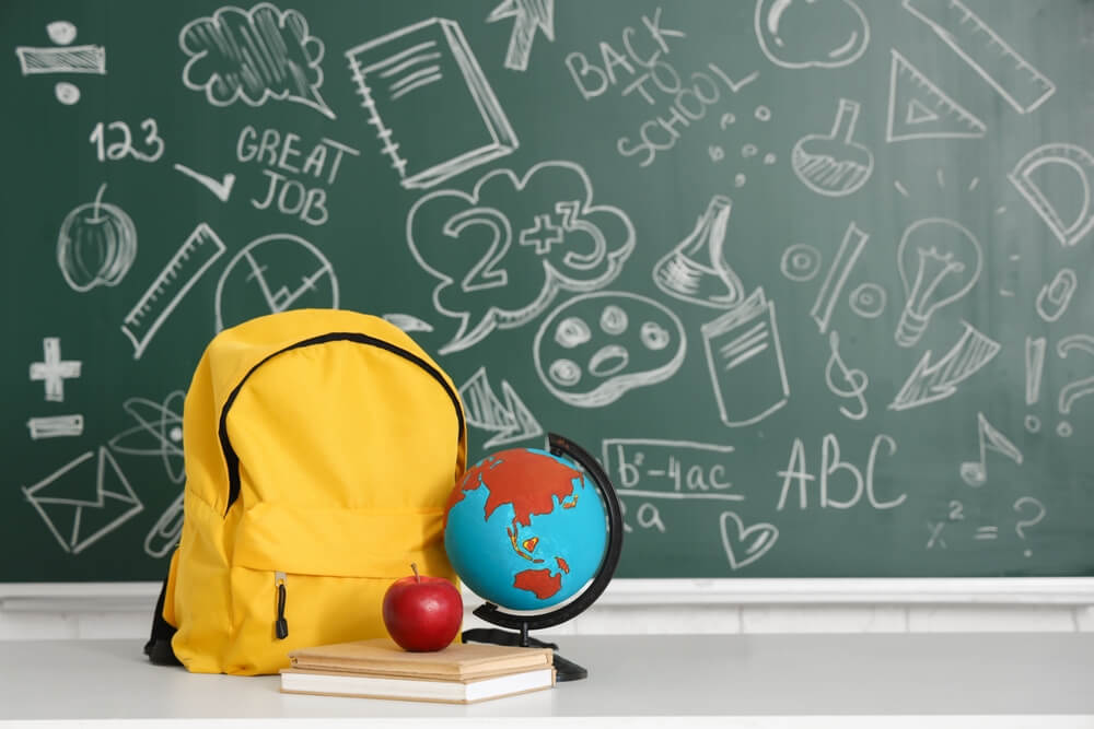 backpack, globe, and chalkboard