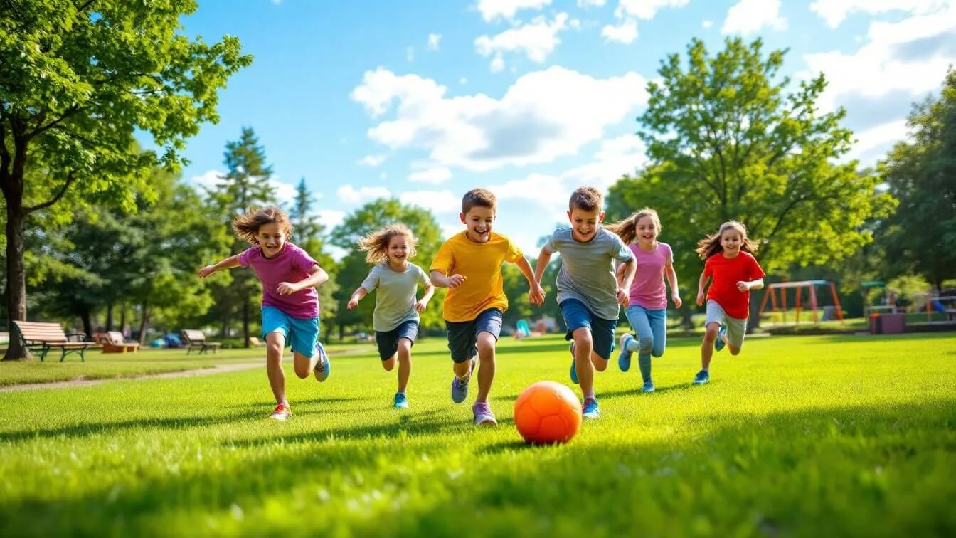Kids playing outside with a kickball