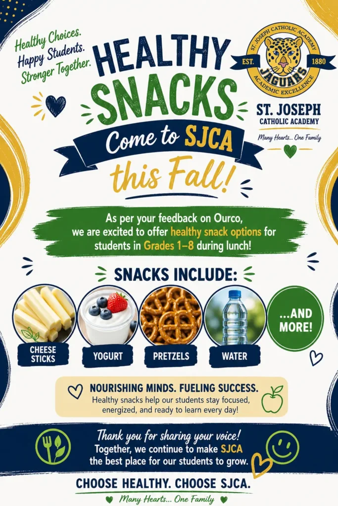 healthy snacks come to SJCA lunch flyer