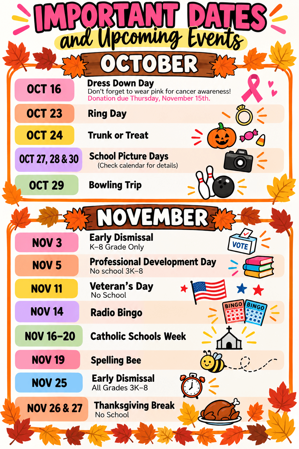 Autumn School Events Calendar